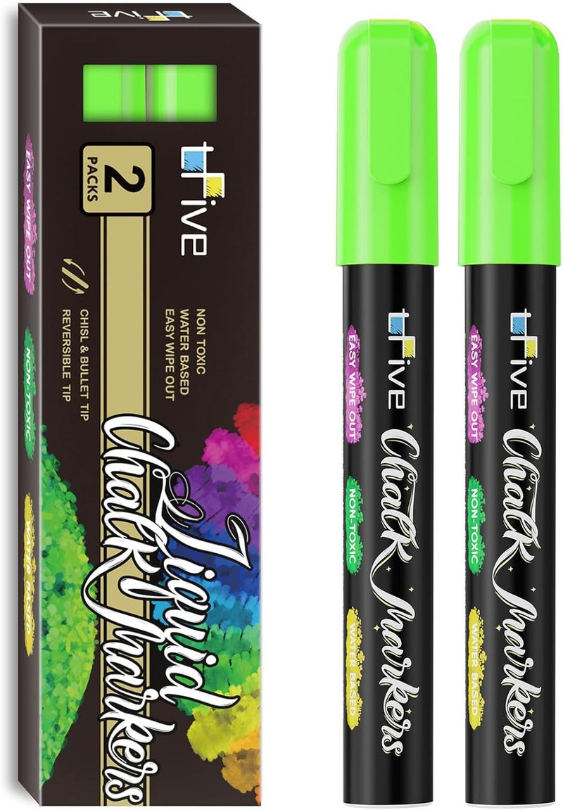 TFIVE Green Chalk Markers - Dry & Wet Erase Marker Pens for Chalkboards, Signs, Windows, Blackboard, Glass, Mirrors, Liquid chalkboard markers with Reversible Tip (2Pack) TF900 - Image 1